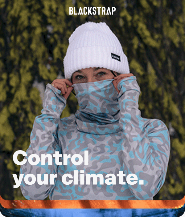A woman outdoors in a winter outfit, wearing a white knit beanie and camouflage-patterned neck gaiter and jacket, with trees in the background. Text overlays read 'BLACKSTRAP' and 'Control your climate.'