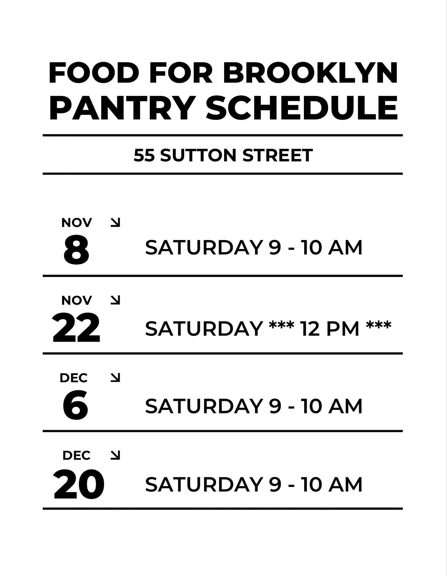 November and December pantry distribution dates are up! Note the special 12pm time for our Thanksgiving distribution on Nov. 22! 

Sign up to volunteer at FoodForBrooklyn.com (kids welcome!)