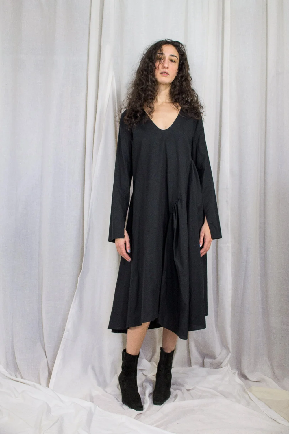 Asymmetric Gathered Inset Dress - Black  KAHLE STUDIO