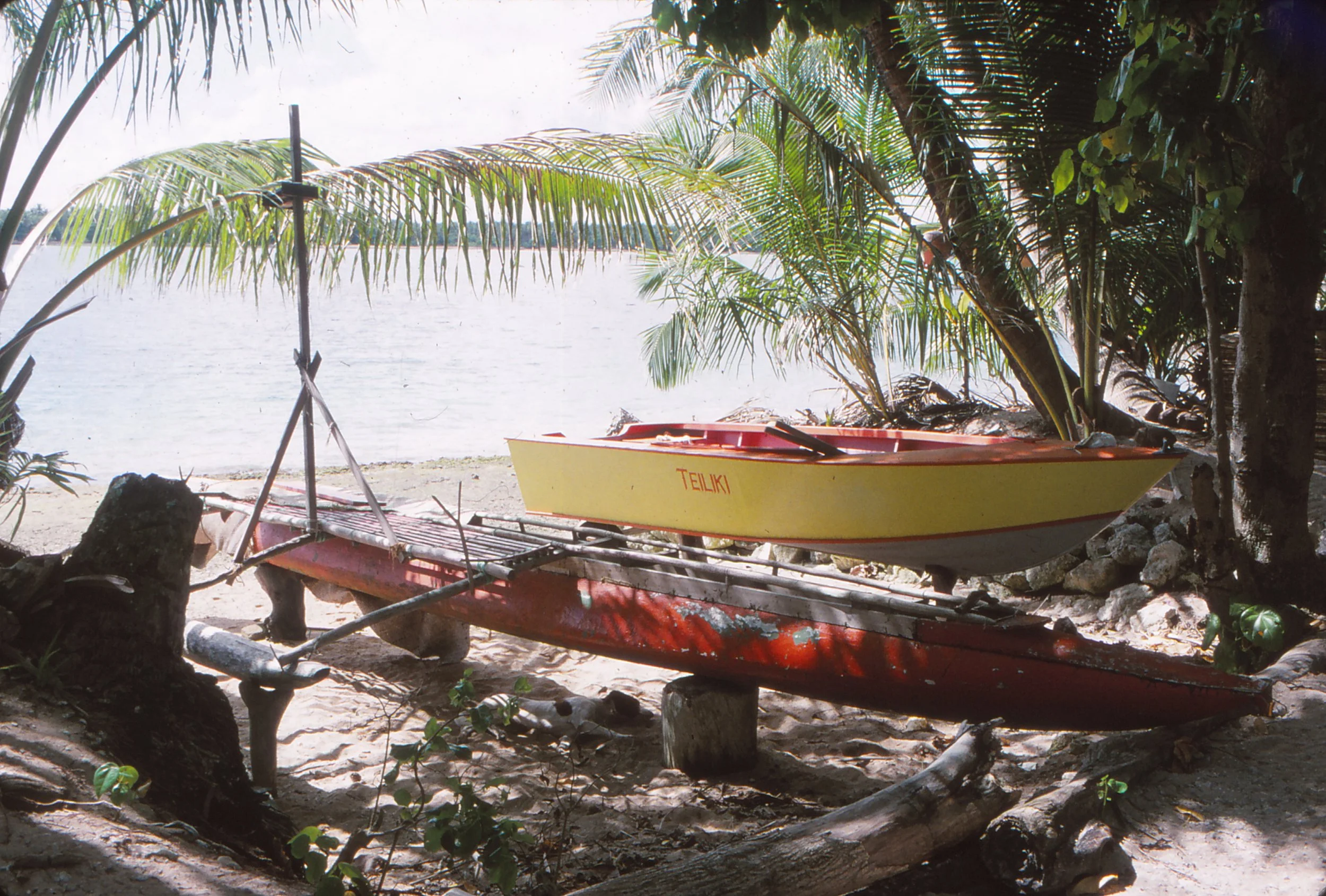 A yellow outboard power boat resting on the sand beneath palm trees, a traditional canoe nearby, both fronting Nanumea's lagoon shoreline.