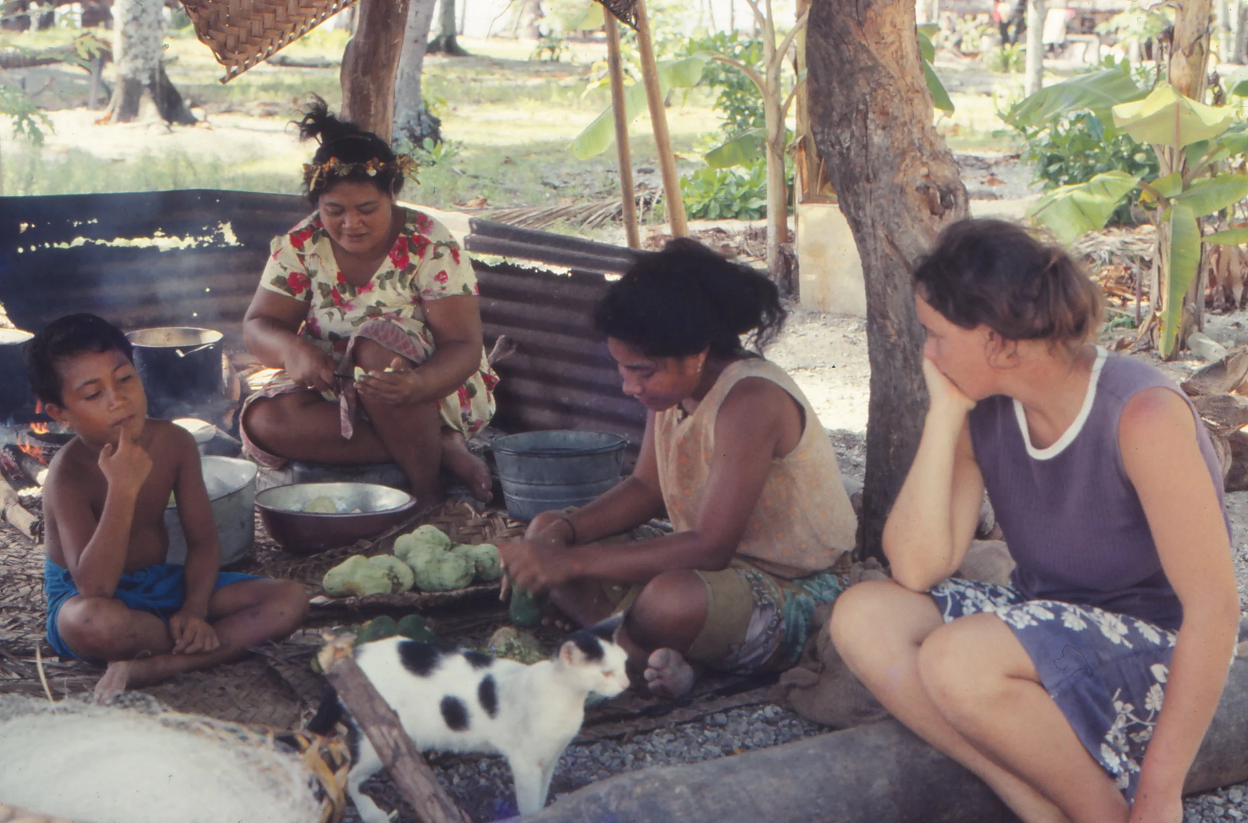 Women prepare food in cookhouse, Anne watches