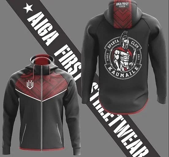 Two black and red sports hoodies, one with a full zipper and the other with a pull-over style, featuring branding and logos. The Kaumaile spear appears on the shirts.
