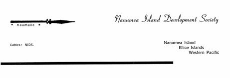 Image of letterhead paper of Nanumea Island Development Society, and the Kaumaile spear.