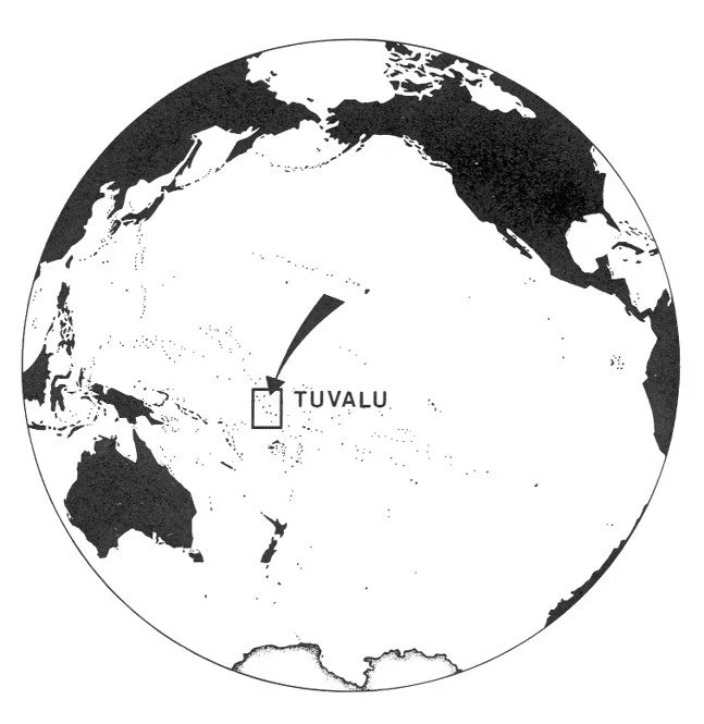 Black and white world map focusing on the Pacific Ocean with an arrow pointing to Tuvalu, a small island nation in Polynesia.