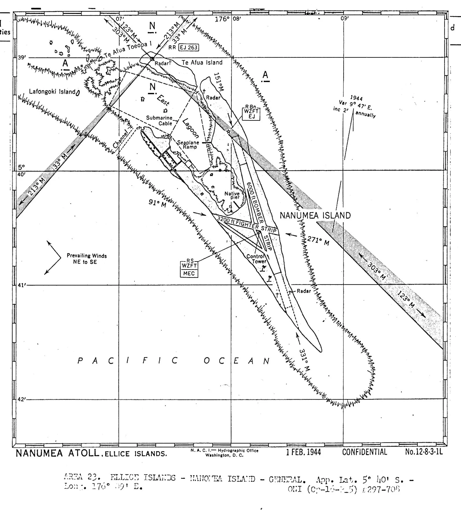 A U.S. Naval chart of Nanumea Atoll in the Ellice Islands dated February 1, 1944, showing the airstrips built by US military forces.