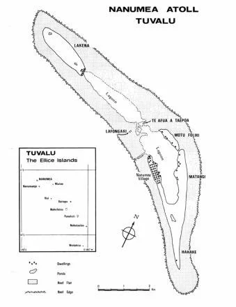 Map of Nanumea  Atoll, Tuvalu, showing the village, major islets and the lagoon..