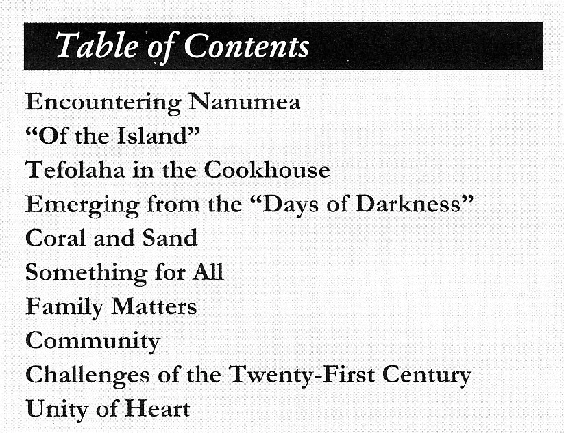 Page showing a table of contents with titles like 'Encountering Nanumea,' 'Tefolaha in the Cookhouse,' 'Coral and Sand,' and 'Unity of Heart.'