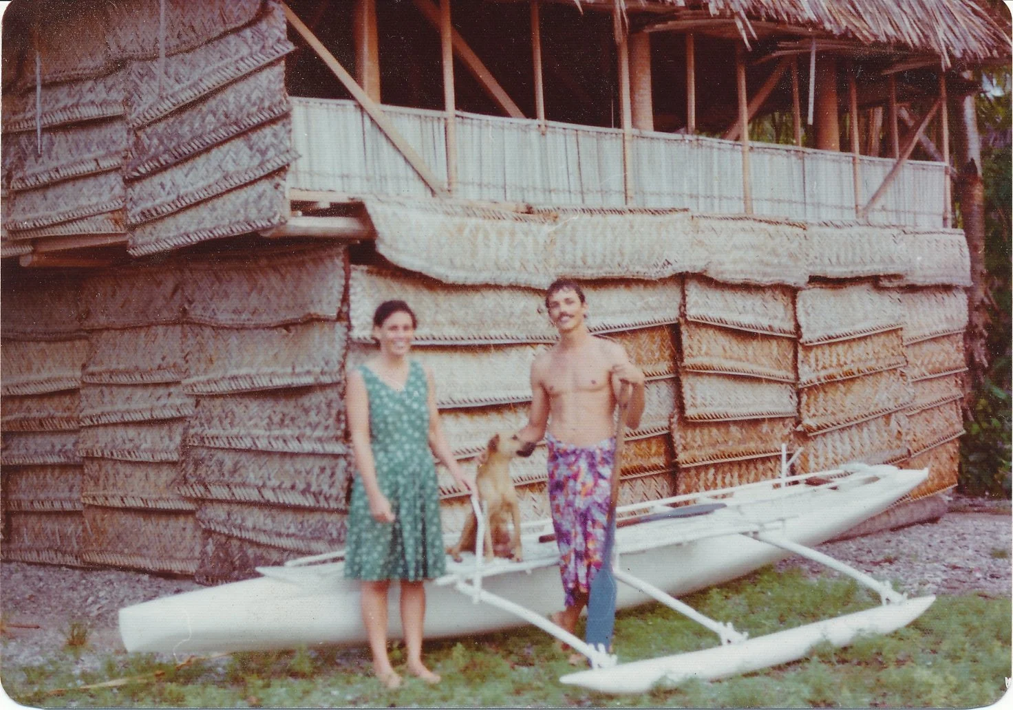 Anne, Keith, Kyburz, our canoe and house - Nanumea, 1974.jpg