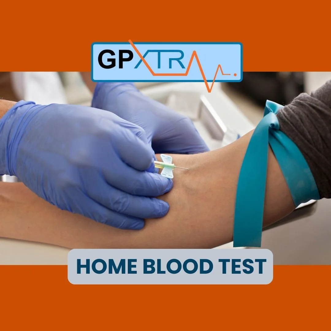 "Healthcare worker drawing blood from a patient's arm during a private home blood test in Essex, GPXtra."