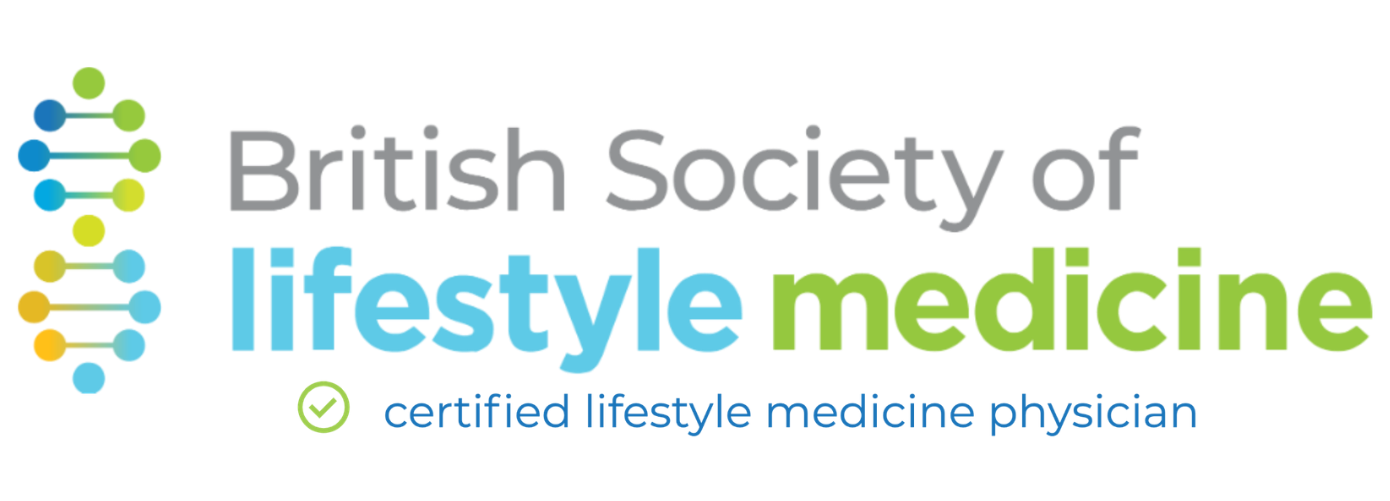 Logo for the British Society of Lifestyle Medicine featuring a stylized DNA strand in blue, green, yellow, and gray, with the organization's name and a checkmark indicating certified lifestyle medicine physician.