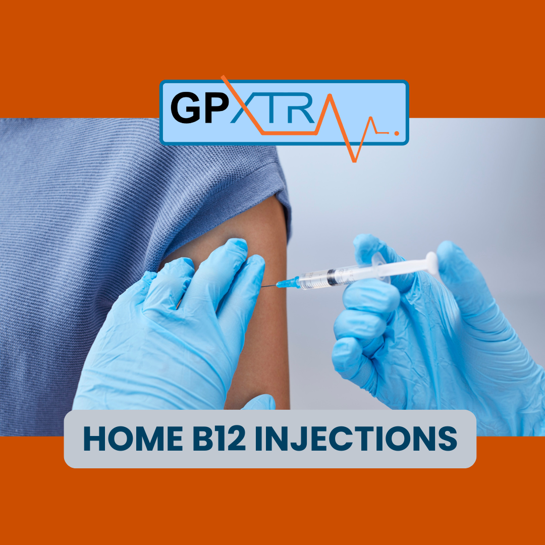 Person receiving a B12 injection in their arm by a healthcare worker, with text indicating 'Home B12 Injections' and a medical graph with the text 'GPXTR'.