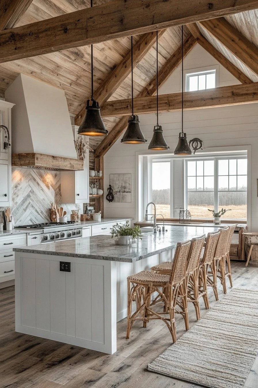 Modern rustic kitchen with wood beam ceiling, white cabinetry, marble island, wicker chairs at the kitchen counter, large window with scenic view, pendant lights, and hardwood floors.