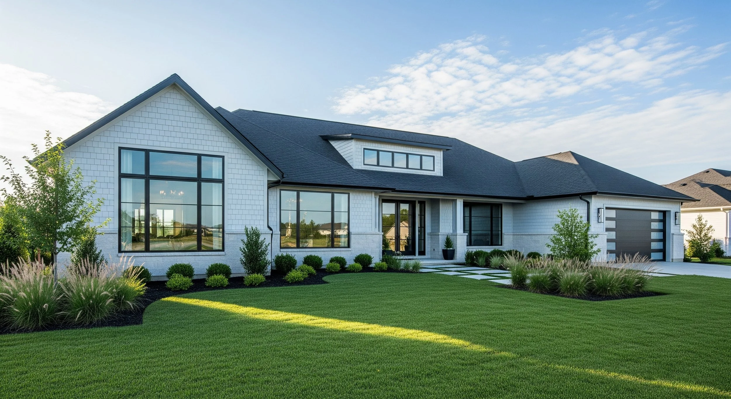 Modern white house with black roofing, large windows, well-kept lawn, and landscaped garden with shrubs and trees.