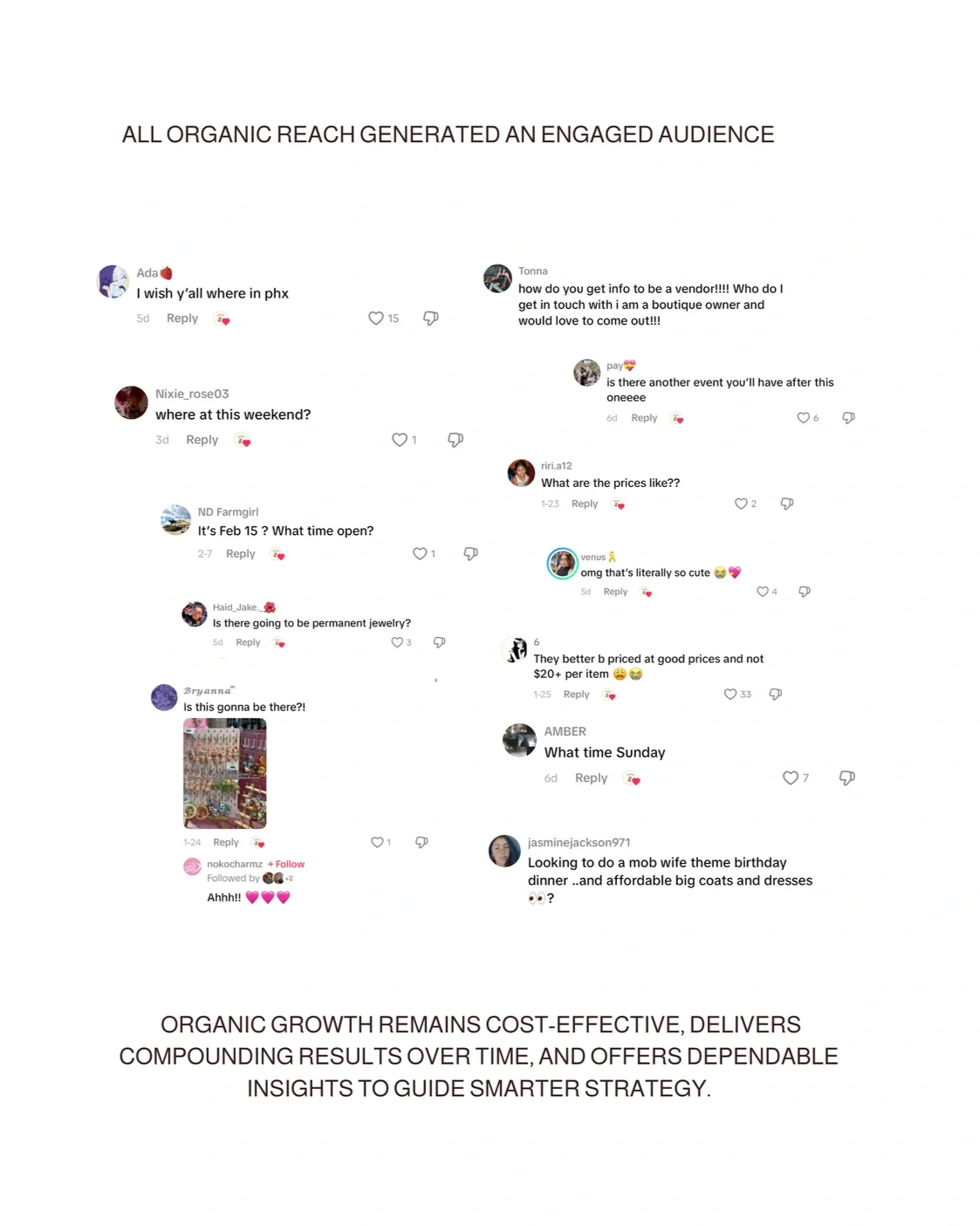 Text and social media comments about jewelry events and market strategies, with a promotional message about organic growth and marketing insights.