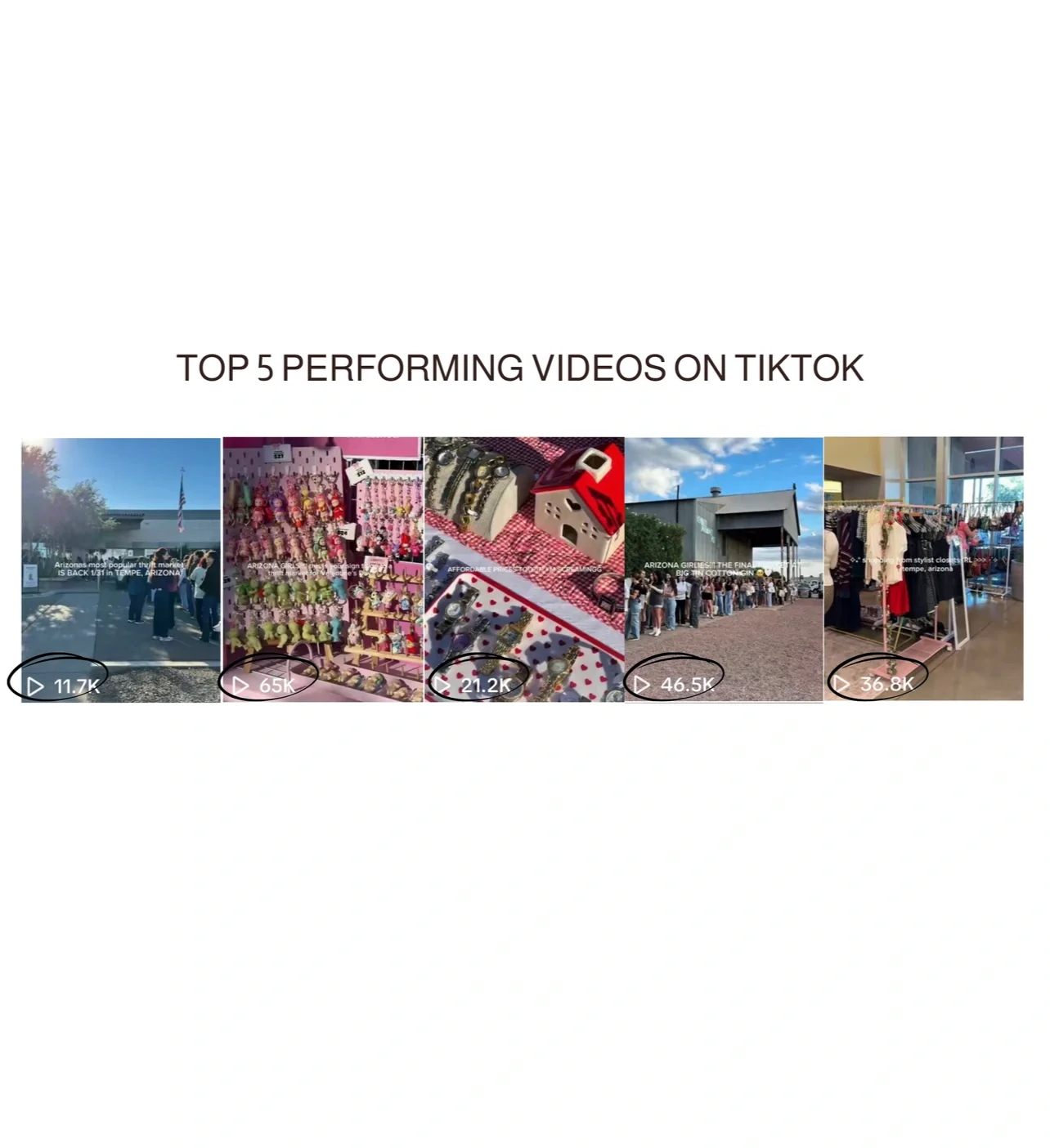 Thumbnail collage of five TikTok videos showing lines of people outside shops, displays of jewelry and accessories, watches, a modern building, and clothing racks inside a store.