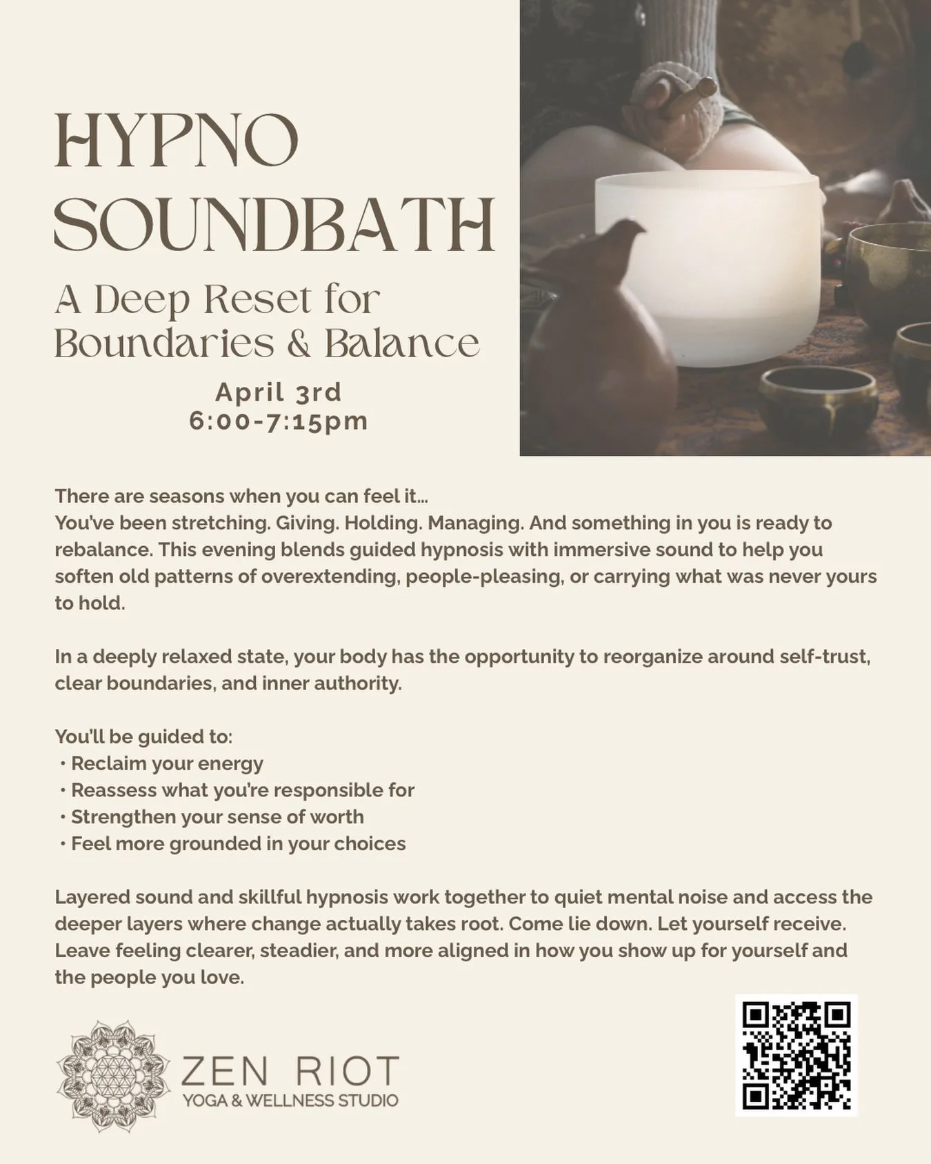 This hypno soundbath weaves gentle hypnosis with immersive sound waves to guide you into a deeply relaxed state where your nervous system can settle.

Three of us (Jenn, Kathie and Ashley) will be holding the space, creating a steady, supported conta