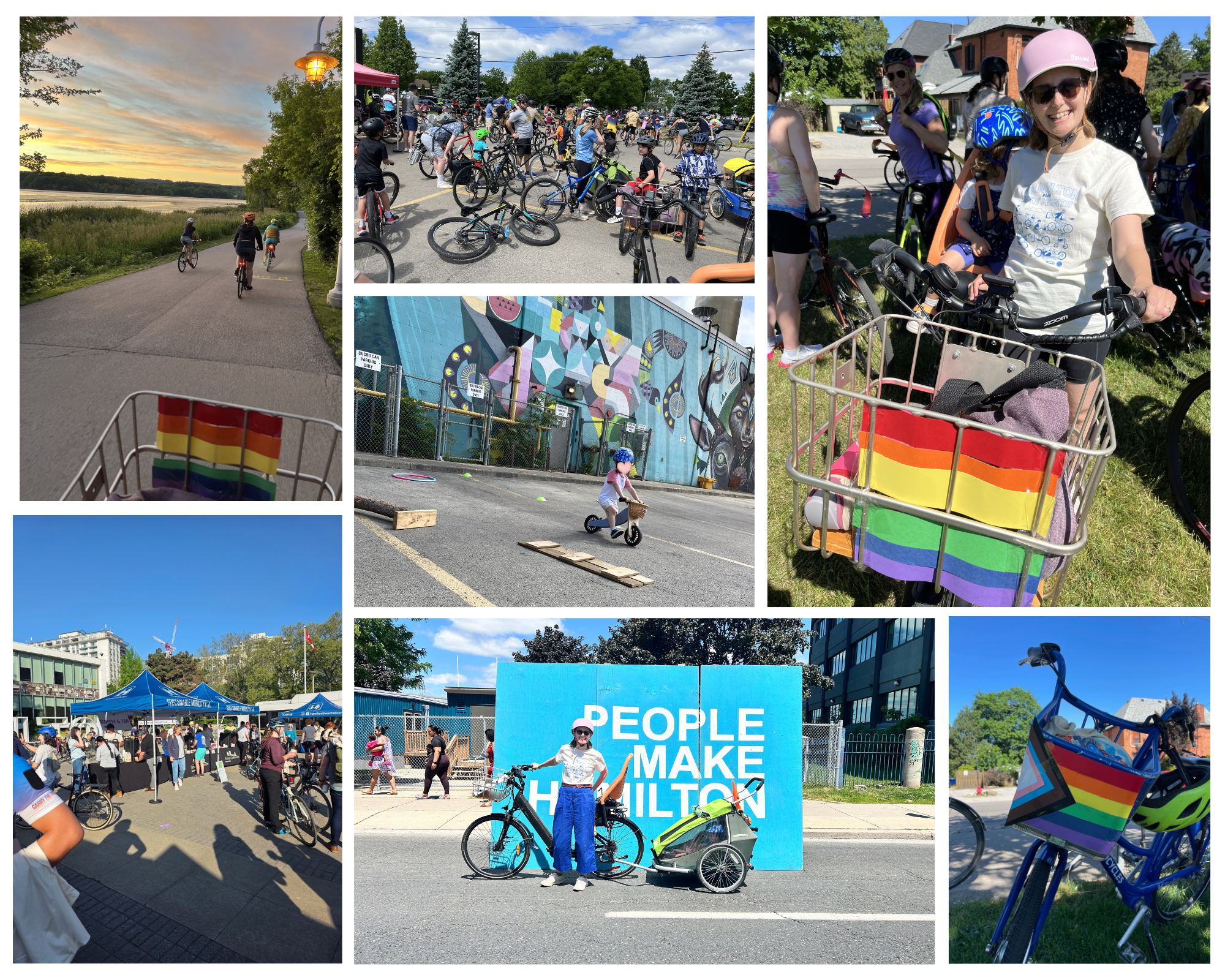 A collage of seven photos from Bike Month, including group bike rides and selfies of Jamie.