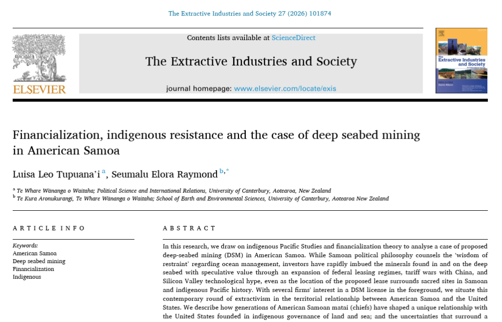 New Article Out! Financialization, indigenous resistance and the case of deep seabed mining in American Samoa