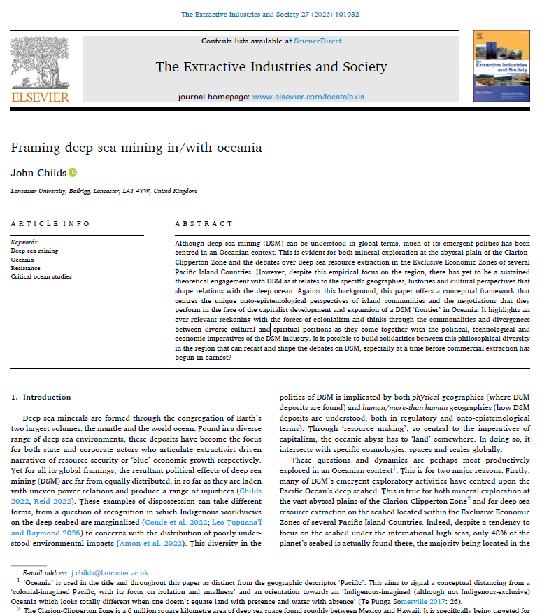 New Publication: Framing deep sea mining in/with Oceania