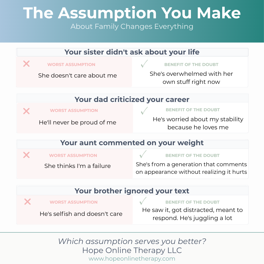Comparing worst assumptions vs benefit of the doubt about family members: four examples showing how generous assumptions about family behavior lead to less resentment and better relationships