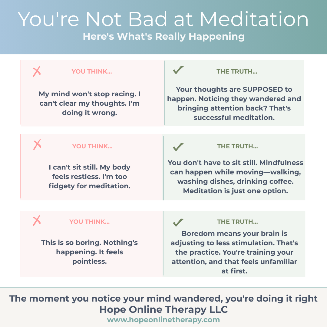 Three reasons you think you're bad at meditation debunked: racing thoughts are normal, you don't have to sit still, and boredom is part of the practice. Meditation myths versus reality explained.