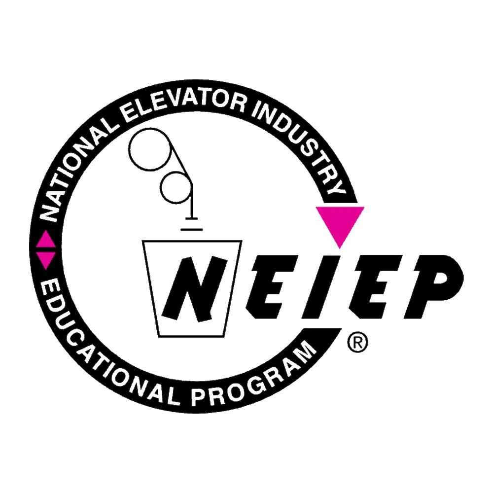 NEEEP logo with black circular text 'National Elevator Industry Educational Program' around a graphic of an elevator and a pink arrow pointing downward.