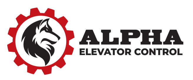 Logo for Alpha Elevator Control featuring a lion's head inside a gear