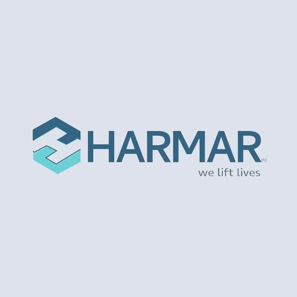 HARMAR logo featuring a 3D hexagon symbol with shades of blue and the tagline 'we lift lives'.