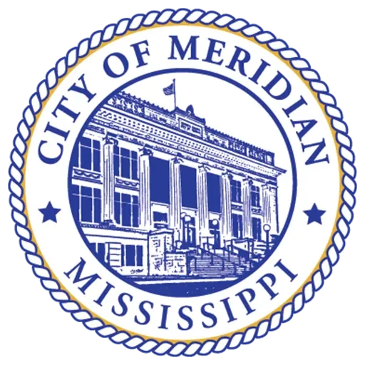 Seal of the City of Meridian, Mississippi, featuring a detailed illustration of a government building with columns, surrounded by a rope border in navy blue, with the text 'City of Meridian Mississippi'.