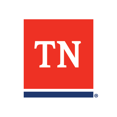 Red square with white letters 'TN' and a blue and white border at the bottom.