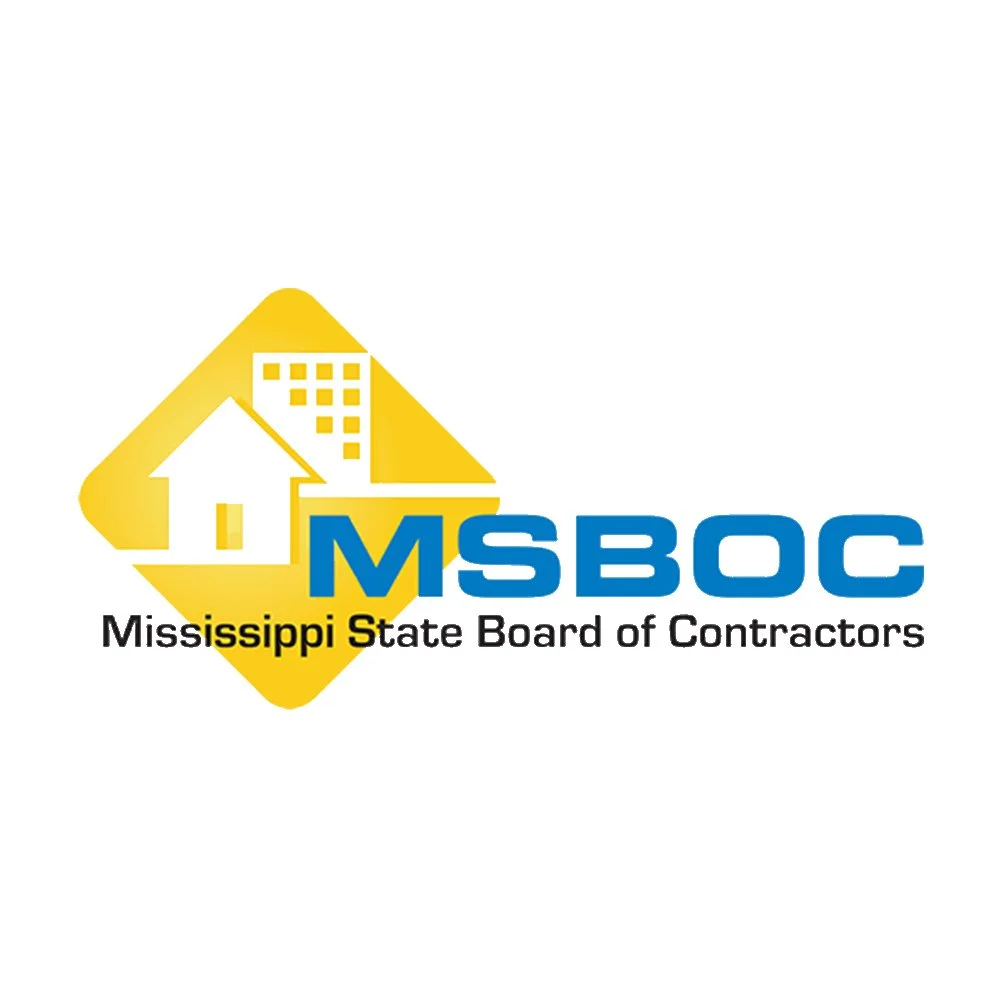 Logo of Mississippi State Board of Contractors with a yellow flag featuring a white house and building and the text MSBOC and Mississippi State Board of Contractors.