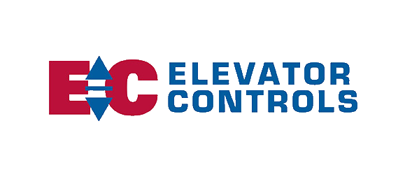 Logo for E C Elevator Controls with red and blue text on a black background.