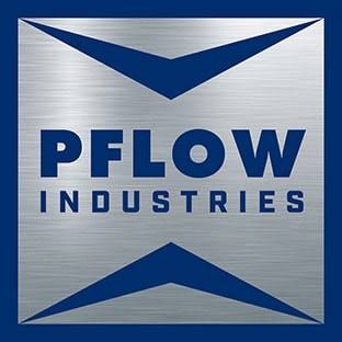 Logo of Flow Industries with a metallic background and blue stylized arrows above and below the company name.