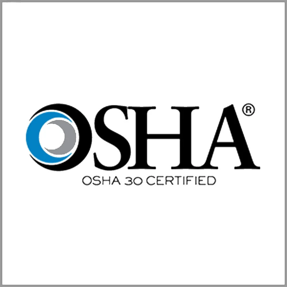 OSHA logo with circular design in black, blue, and gray and text reading "OSHA" and "OSHA 30 CERTIFIED" underneath.