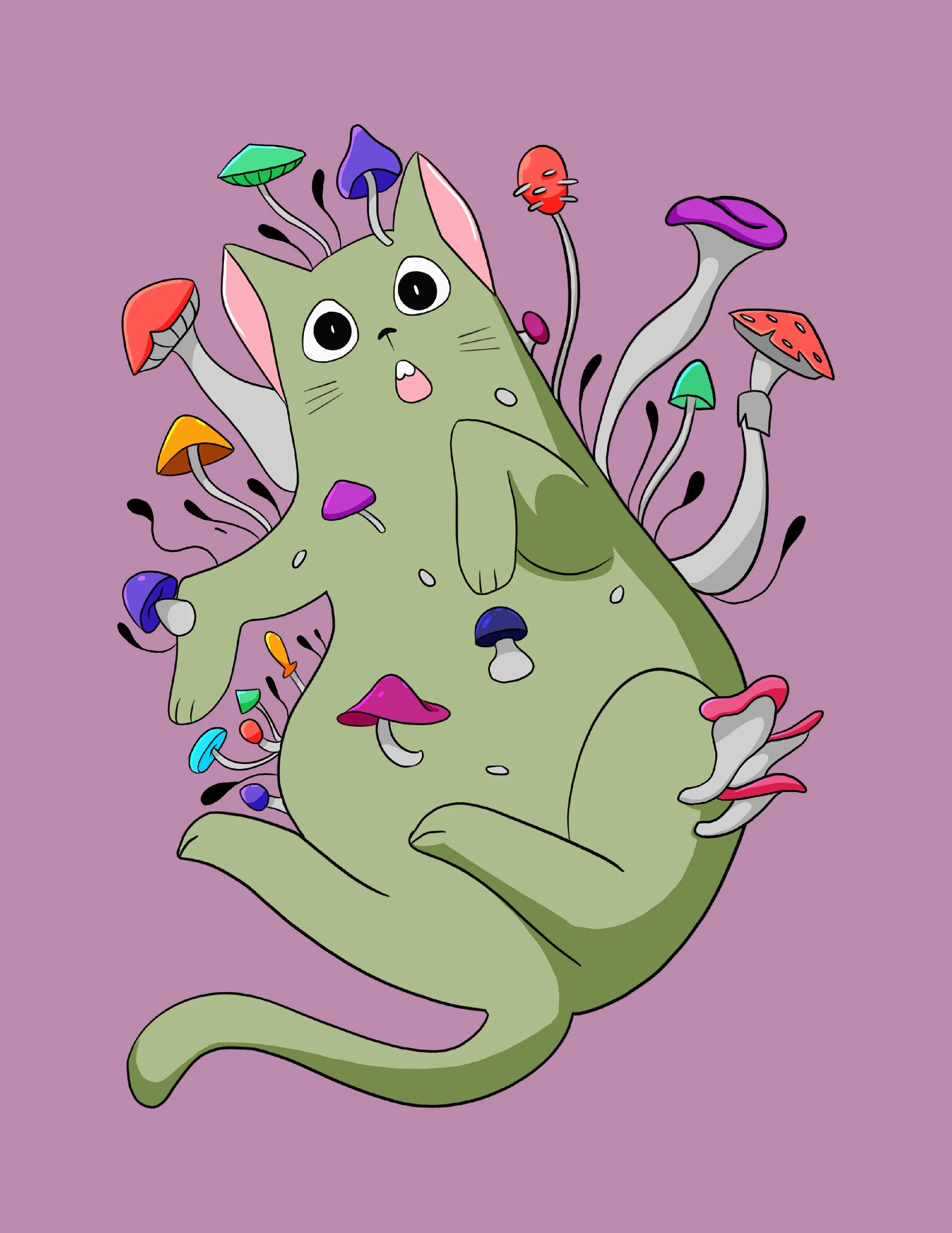Enchanted Cat and Mushrooms Art Print