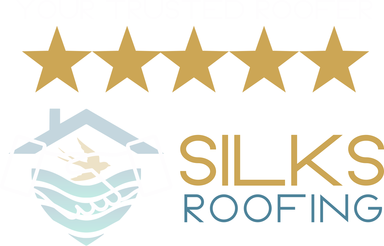 Digital graphic of a handshake inside a square, with large text reading "SILKS" and other partial letters, all in bright colors on a light blue background. 5 star rated roofing company ready to provide the same 5 star servic you on your next project.
