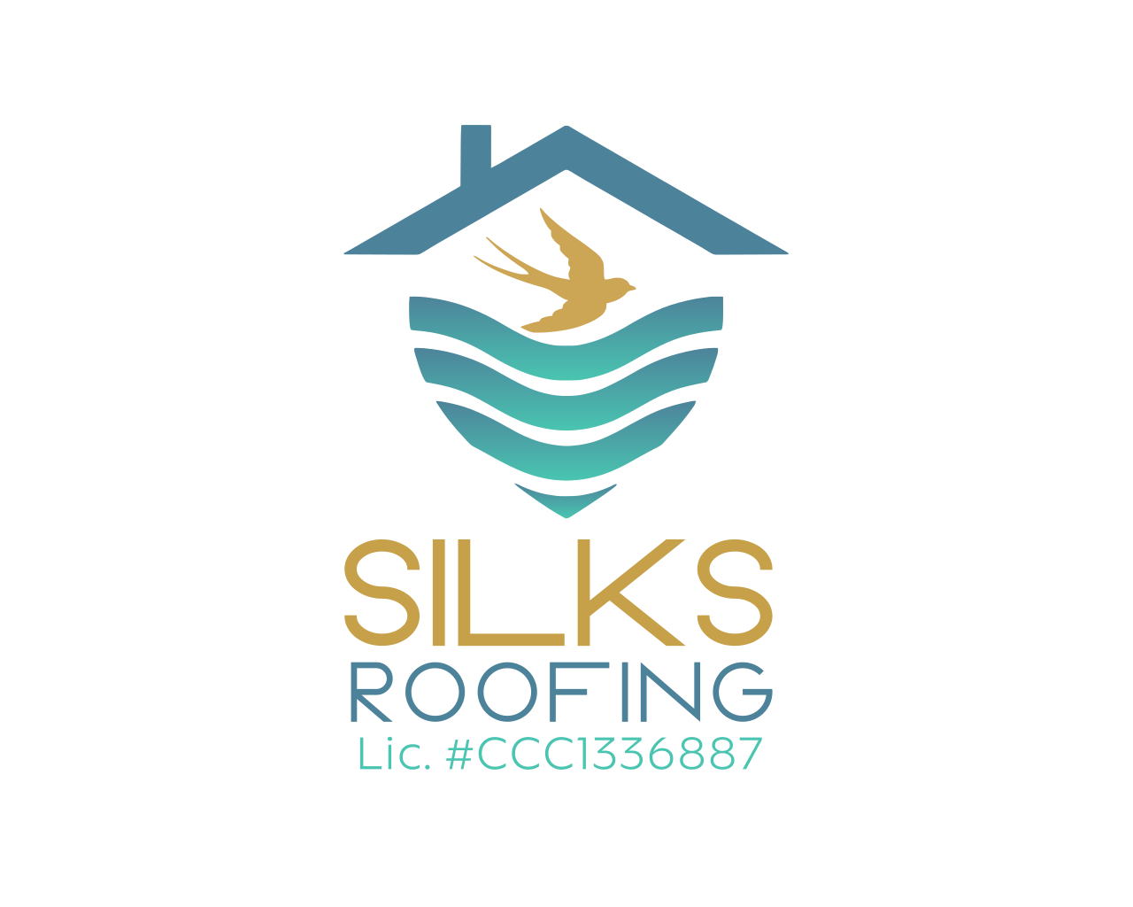 Logo for Silks Roofing featuring a house outline, a flying bird, and waves, with the text 'Silks Roofing' and license number '#CCC1336887'.