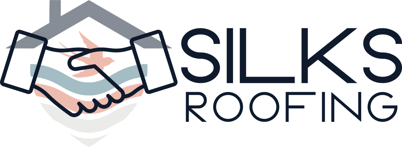 Logo for Silks Roofing featuring a house with a roof, a bird, and a handshake, with the company name next to the graphic.