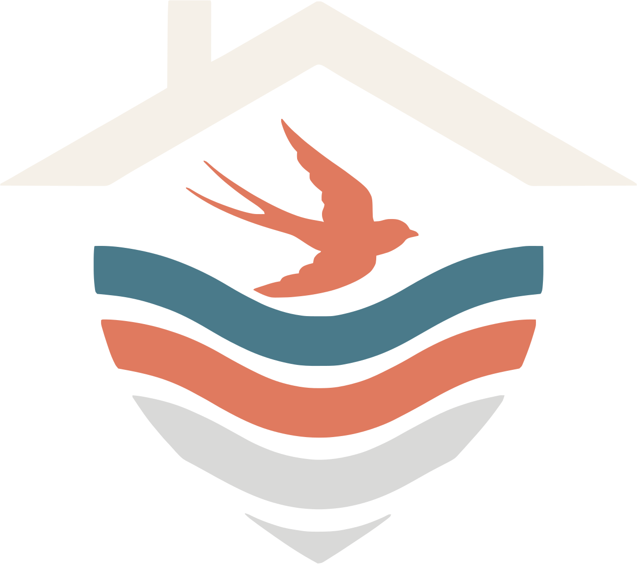 A shield-shaped logo with a house roof at the top, a flying bird in the center, wavy lines below the bird, and a curved base at the bottom.