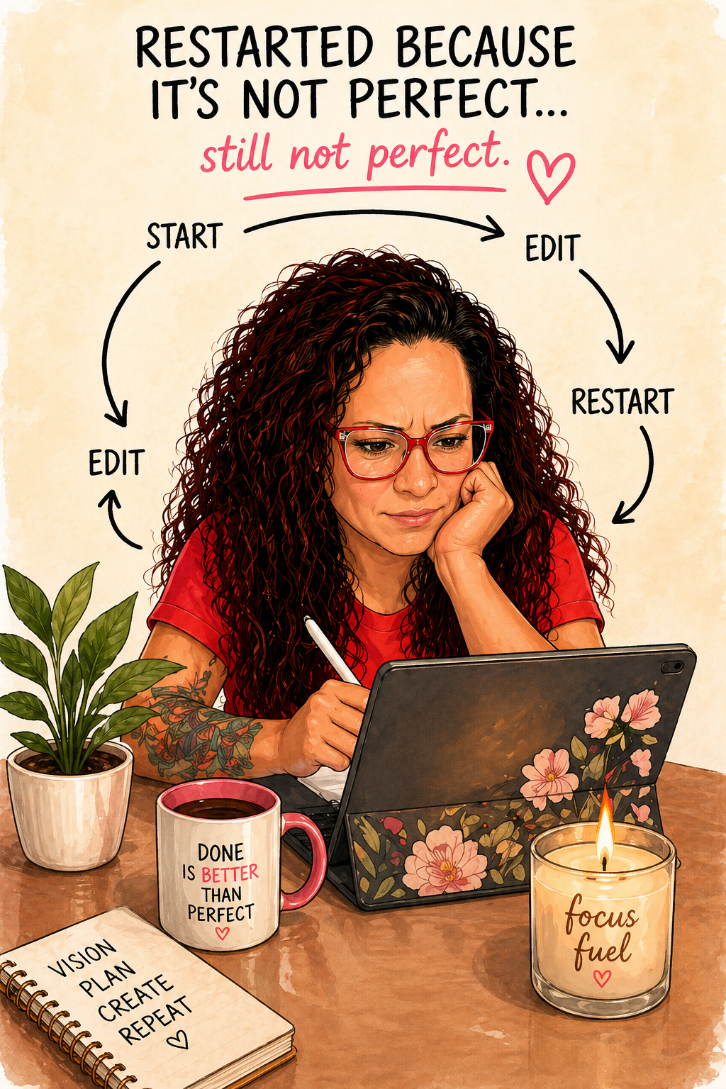 Illustration of a woman stuck in a perfectionism cycle of starting, editing, and restarting a project, representing overthinking and fear of imperfection