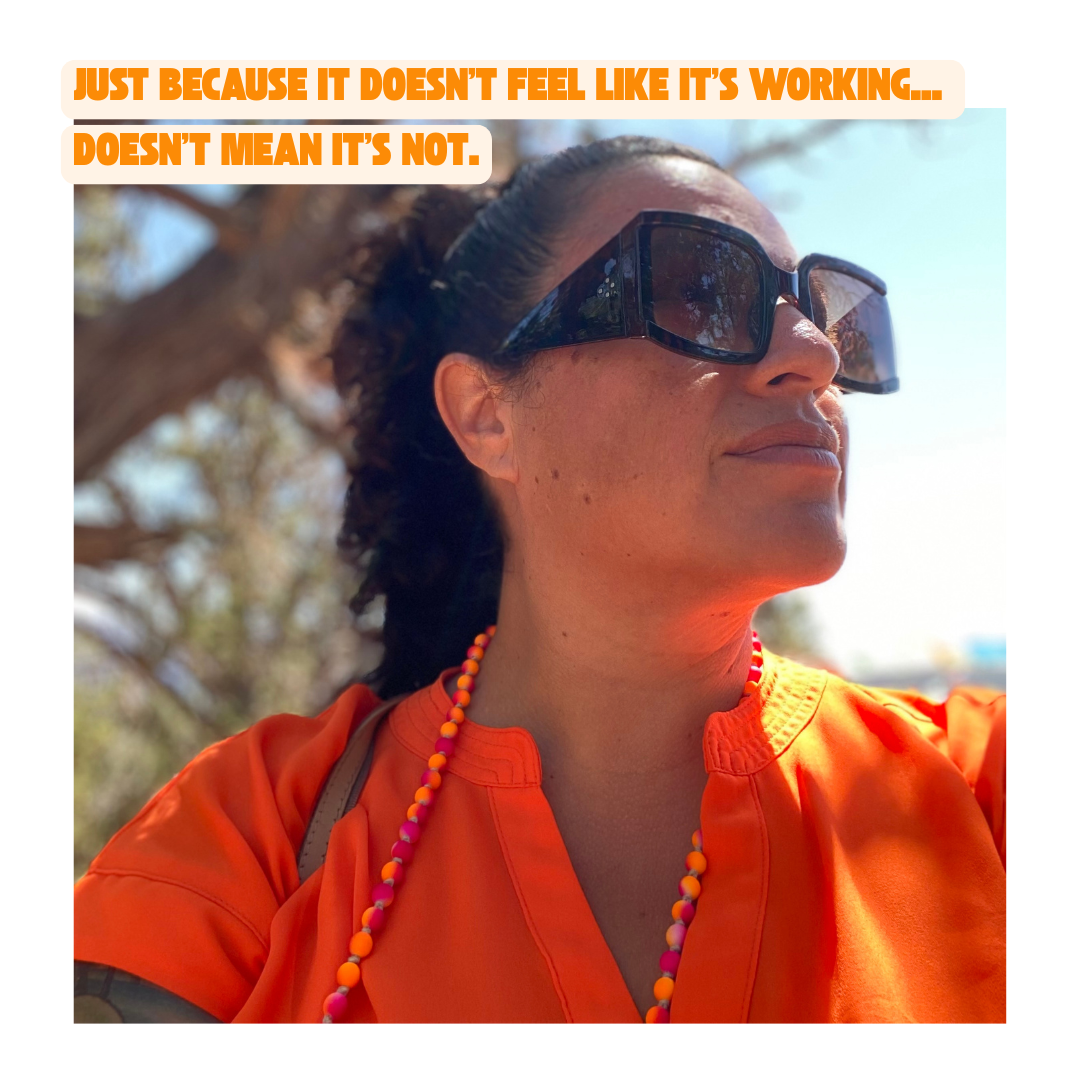 Woman reflecting outdoors with quote about self doubt and mindset shift when doing everything right