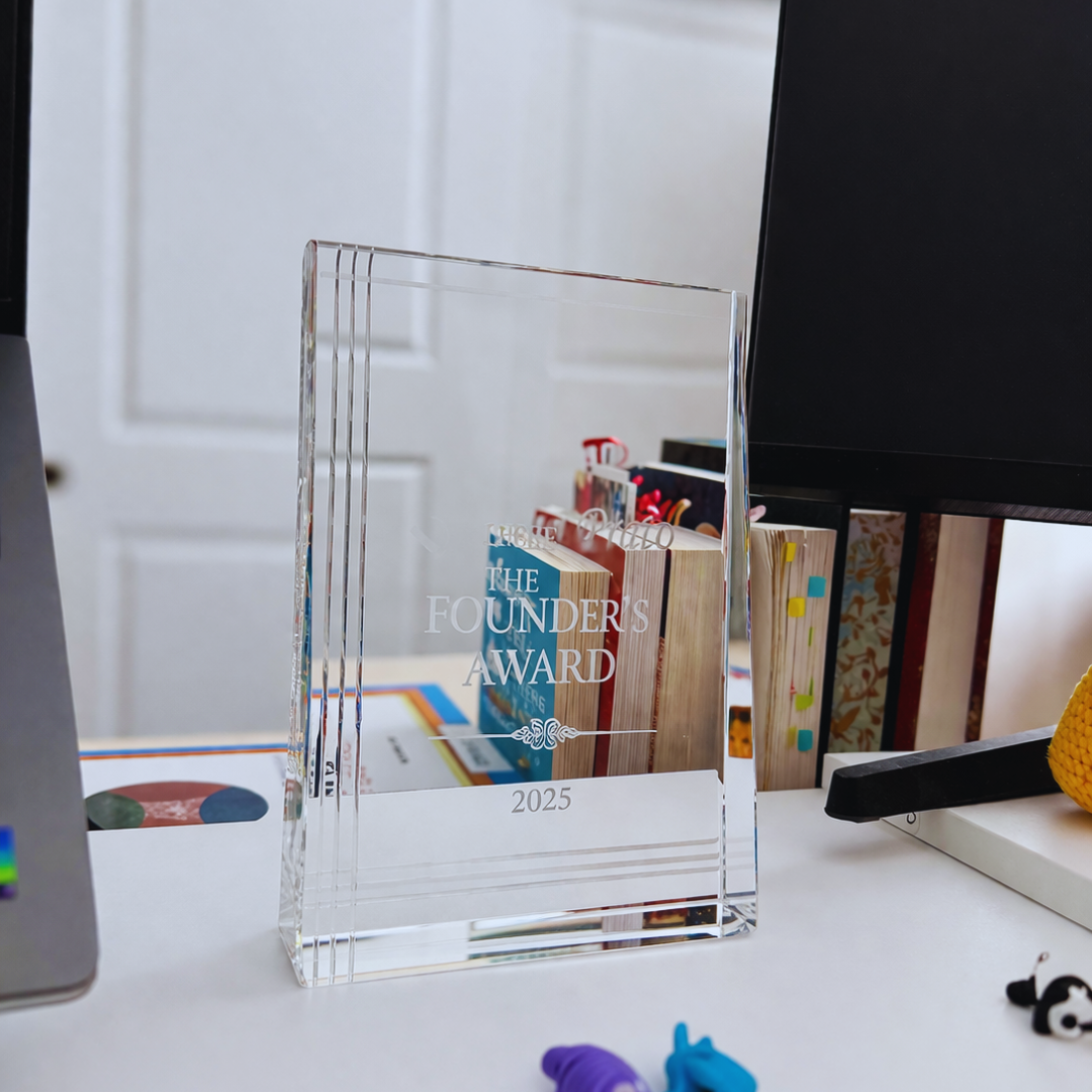 Founders Award displayed on desk representing professional achievement and success