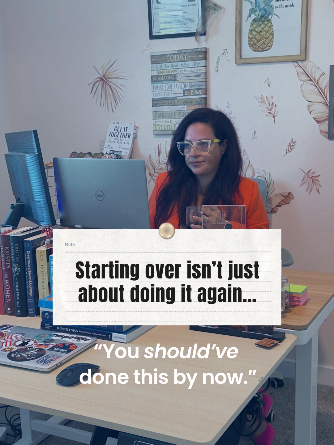 Woman in sunglasses with text about societal pressure and feeling like you should have done things sooner