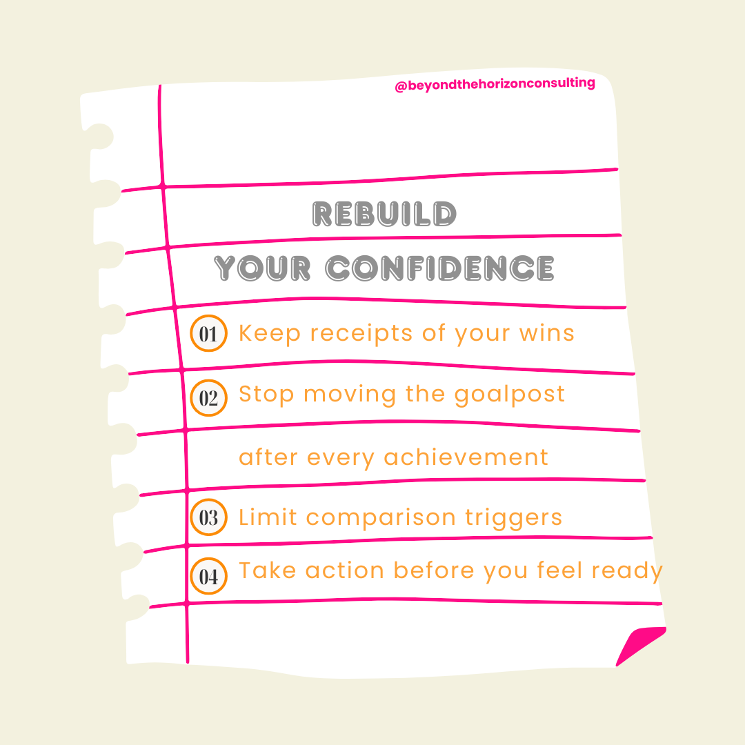 Graphic showing simple steps to rebuild confidence, including keeping receipts of wins, not moving the goalpost, limiting comparison, and taking action before feeling ready