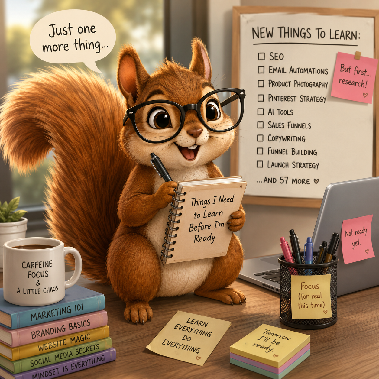 Illustration of a cartoon squirrel wearing glasses and holding a notebook filled with business ideas, representing perfectionism, professional growth, and the feeling of needing to learn one more thing before starting.