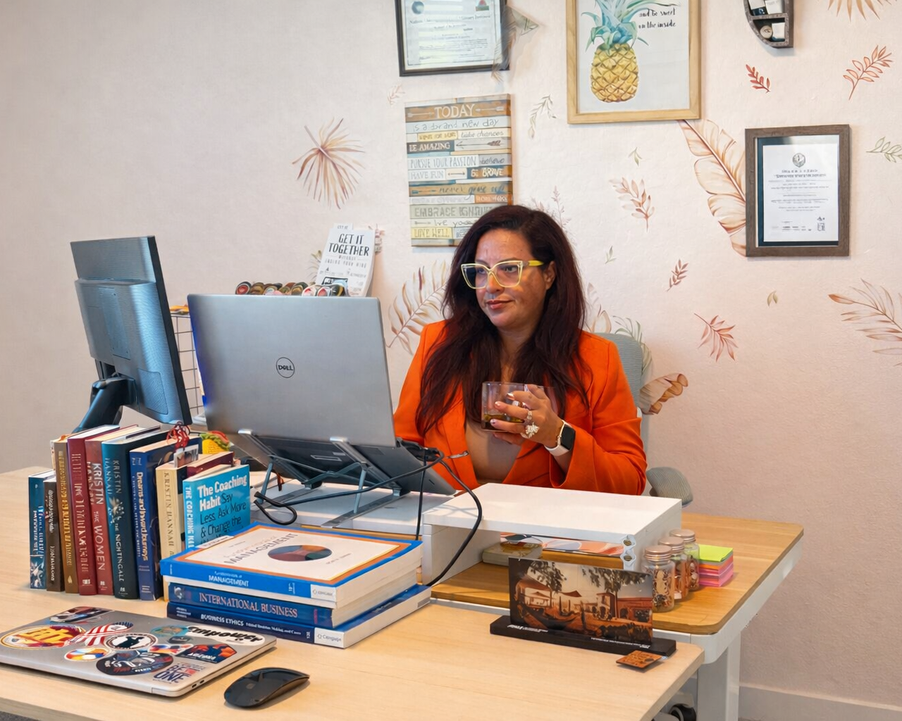 Woman sitting confidently at her desk symbolizing personal growth and letting go of comparison.