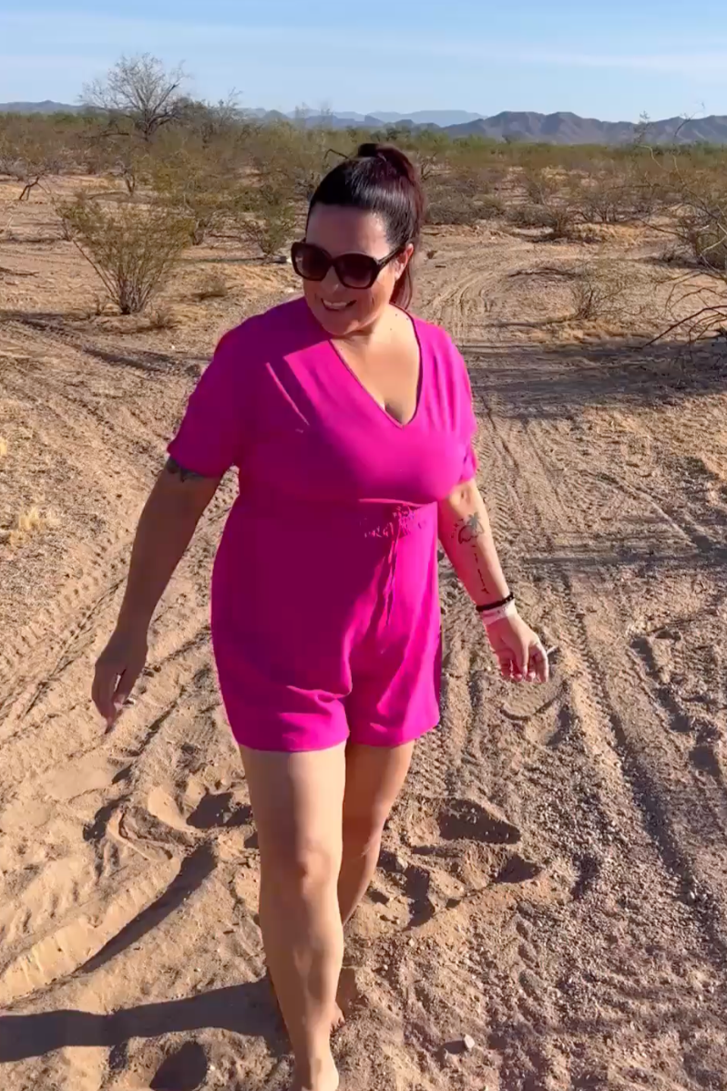 Life coach Cynthia Prato walking in the Arizona desert, sharing guidance on boundaries, personal growth, burnout recovery, and creating a more aligned life.