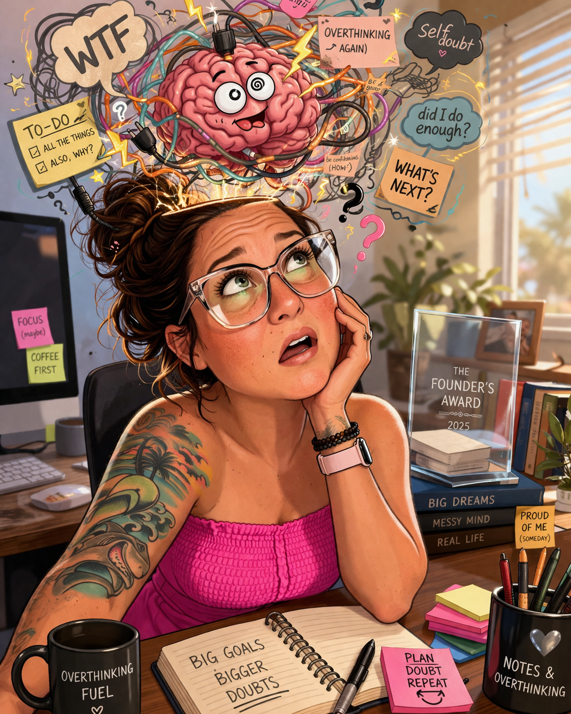 Illustration of a woman confused as her brain appears outside her head with chaotic lines, symbolizing self-doubt and overthinking
