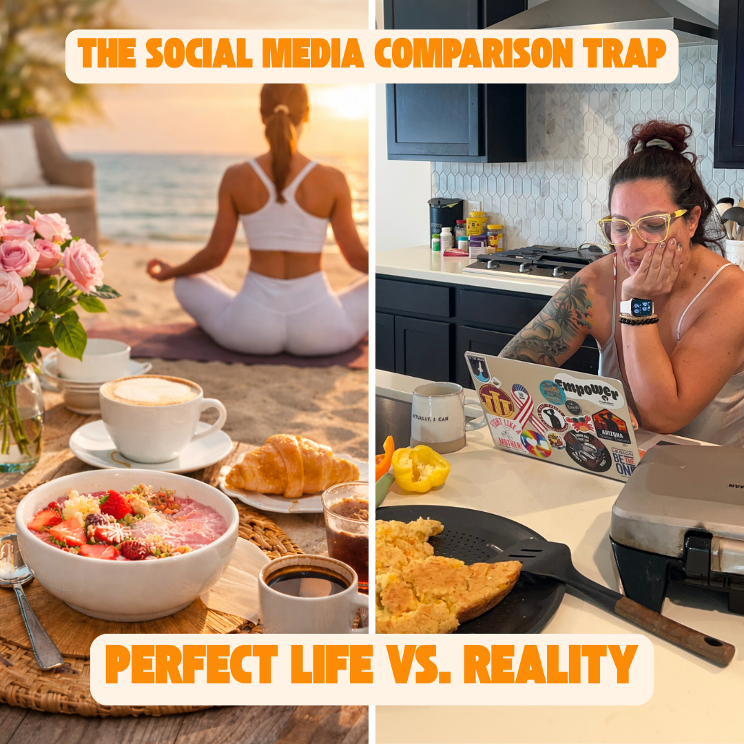 Comparison between a perfect social media lifestyle image and real everyday life showing how social media can create unrealistic expectations.
