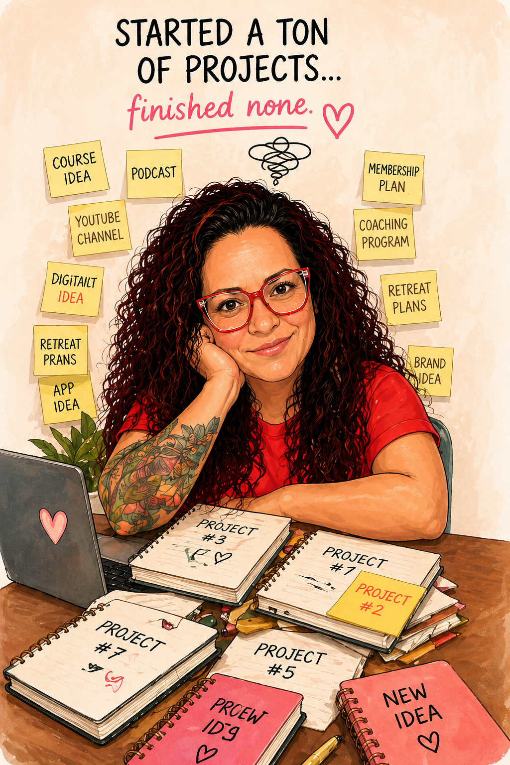 Illustration of a woman surrounded by multiple unfinished projects and ideas, representing high performers struggling with starting many tasks but not completing them